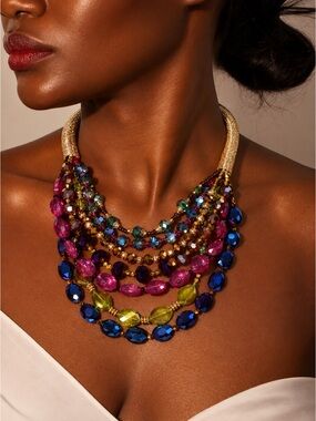 Anthropologie Multi-Row Crystal Bib Necklace in Blue, Pink, Green & Gold